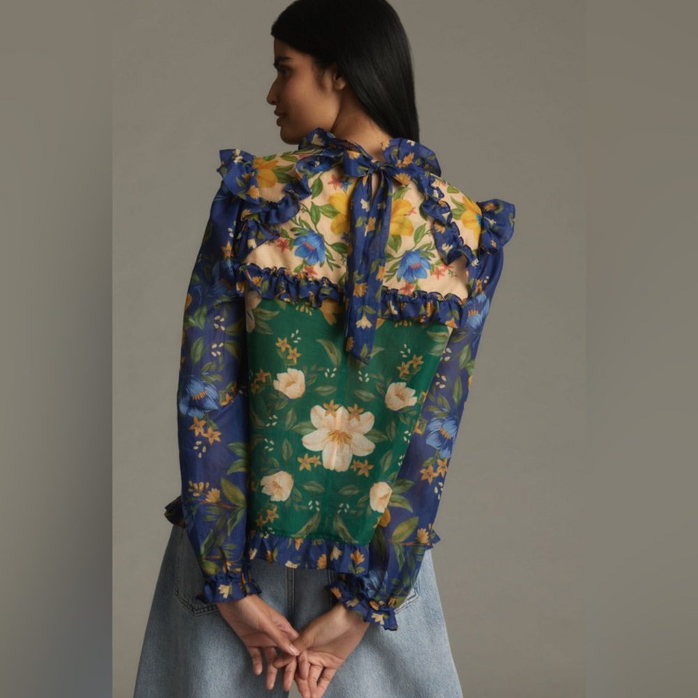 Long-Sleeve High-Neck Sheer Ruffled Blouse
